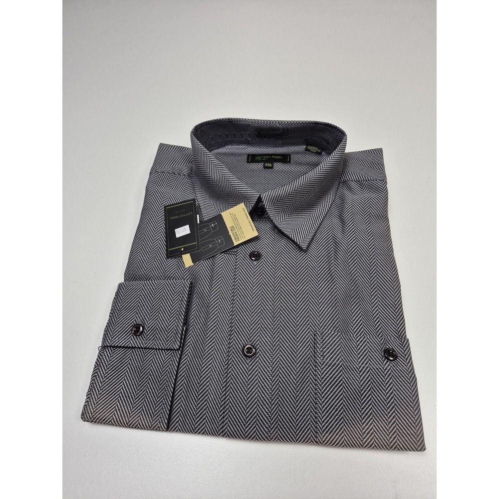 Cotton Reel Dress Shirt Mens 2XL Gray Herringbone Woven Cotton Long Sleeve